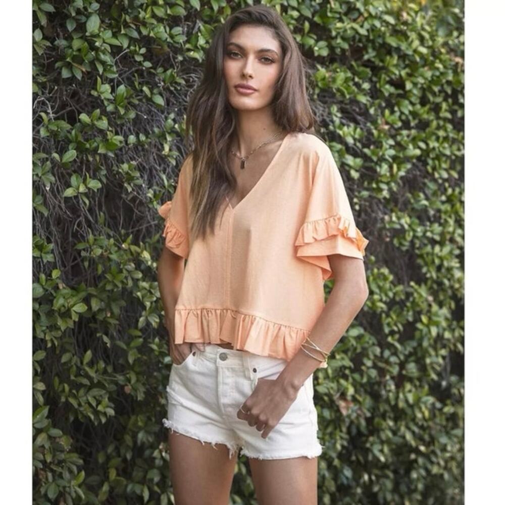 NWT Bishop + Young Ruffled Sleeve Tee in Sunset Orange Size XL